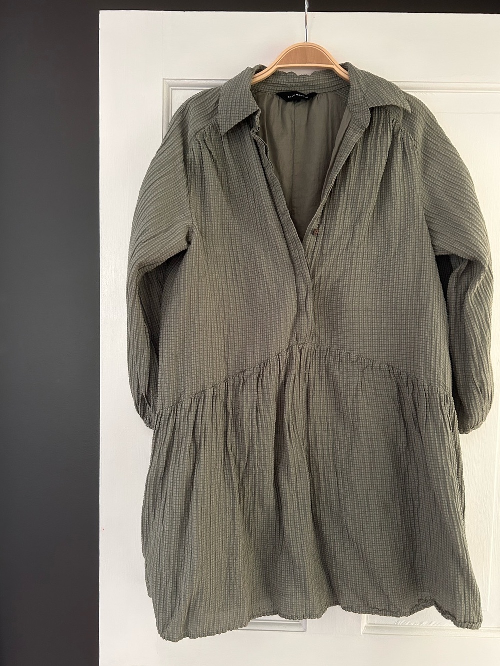 Club Monaco Textured Olive Green Tiered Shirt Dress